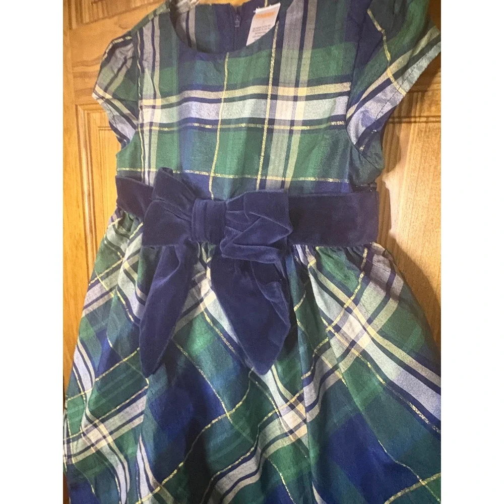 Gymboree Girls Plaid Holiday Dress Size 5 Green Blue Gold Metallic Velvet Bow
